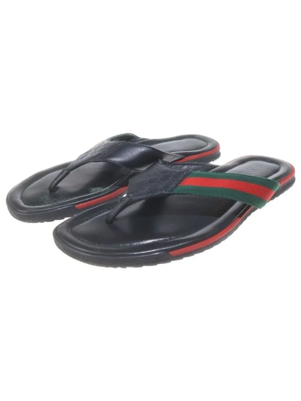 Gucci Guccissima Sherry Web Line Flat Leather Sandals Shoes Black